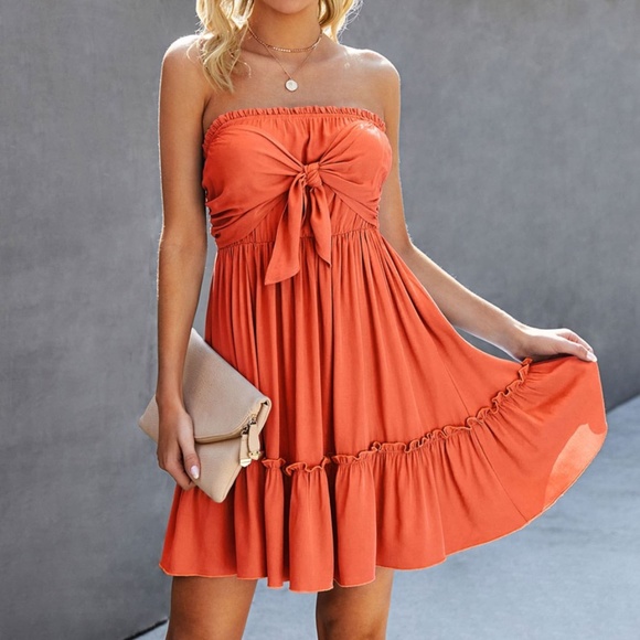 Dresses & Skirts - Boho Front Tie Ruffle Hem Strapless Mini Dress
